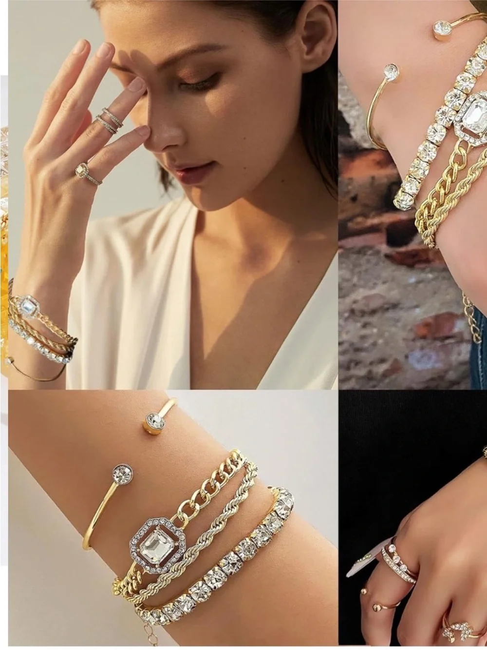 New 24k Gold Plated Crystal 4-Piece Bracelet Stack